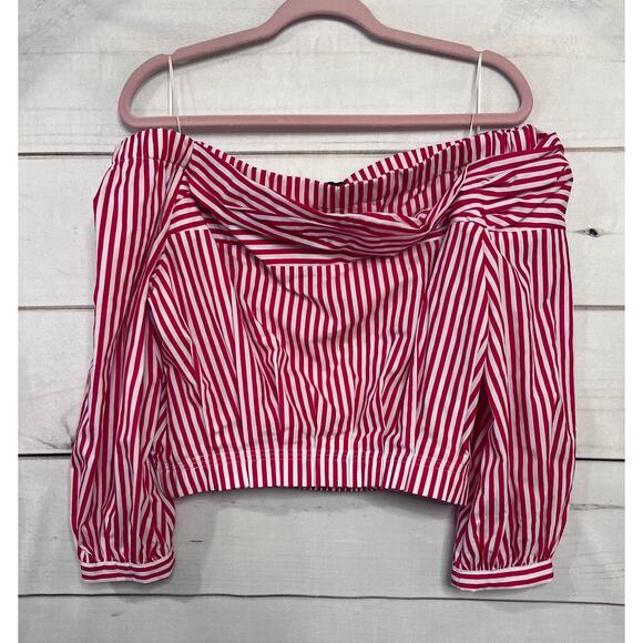 Zara Tops - Zara Basic Red White Striped 3/4 sleeve Off the Shoulder Crop Top Size L EUC